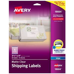 lot 6336 image: Avery Printable Shipping Labels with Sure Feed, 3-13in x 4in, Matte Clear, 60 Blank Mailing Labels (18664)