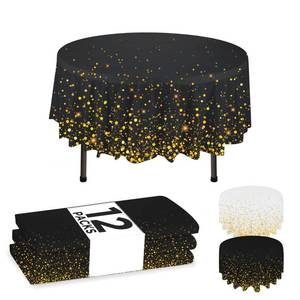 lot 6339 image: NORZEE 12-Pack Black Disposable Tablecloths, 84in Round Table Cover, Plastic Table Cloth With Gold CONFETY