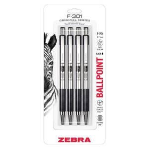 lot 6366 image: Zebra Pen F-301 Ballpoint Black Ink Fine Point 0.7mm Pen, Easy-Glide Ink, Stainless Steel Retractable, Non-Slip Grip, Professional Design, Ideal for Office, Journal and Planner Use, 4-Pack (27114)