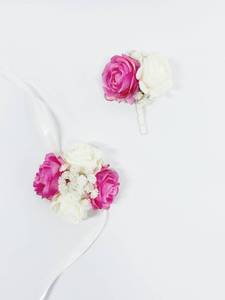 lot 6370 image: DESUNESS Hot Pink Rose Wrist Corsage Wristlet Band Bracelet and Men Boutonniere Set for White Wedding Flower Accessories Prom Suit Decorations