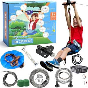 lot 9690 image: Zip Line Kit for Kids and Adults, 100120  150200 ft, Up to 350 Lbs, Rustproof Stainless Steel, Quick Setup with Ratchet, Safety Harness, Backyard Adventure Fun Includes Climbing Holds
