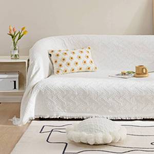 lot 9701 image: Homcosan Sofa Slipcovers Towel Cover Cotton Knit Geometrical Couch Cover for 4 Seat Cushion Couch Furniture Pet Protector Stylish Throws for Sectional Couch(White, Sofa-4 Seater)