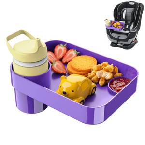 lot 9716 image: DOKNAAM Car Seat Snack Tray for Toddlers - 3 Inch Cup Holder Fits Most Sippy Cups and Straw Bottles with Dip Well, Mess-Free Square Kids Travel Tray Road Trip Essentials, Purple