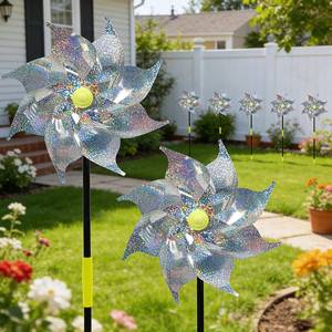 lot 9728 image: Reflective Pre-Assembled Bird Pinwheels, 12 Pack Foil Bird Scare Wind Spinners with Stakes for Outdoor Yard, Garden, Patio, Farm and Orchard to Keep Birds and Animals Away