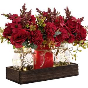 lot 9730 image: BLEUM CADE Mason Jar Centerpiece Table Decorations, Mason Jar Lights Centerpiece for Kitchen Dining Table Farmhouse Coffee Table Wedding Home Decor with 3 Jars Artificial Flowers and Wood Tray