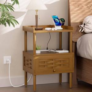 lot 9738 image: Amazer Walnut Nightstand with Charging Station, Bamboo Night Stand for Bedroom, Bedside Table with USB Ports and Outlets, End Table Living Room with Lift-Up Drawer and Open Shelf