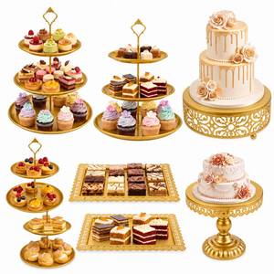 lot 9744 image: 8 Pcs Cake Stands Set Metal Dessert Table Display Tiered Cupcake Holder Candy Donut Fruit Plate Cake Serving Tray Candlestick Display Treats Serving Tower for Wedding Birthday Party Decor (Gold)