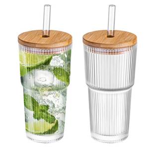 lot 9762 image: Dingerjar 20 oz Ribbed Glass Tumblers with Bamboo Lids and Straws, 2 Pcs Wide Mouth Thickened Vintage Glass Cup for Boba, Iced Coffee, Juice
