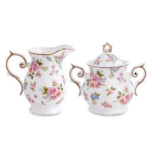 lot 9763 image: Agyiuns Sugar and Creamer Set Ceramic, Creamer Pitcher and Sugar Bowl with Lid, Creamer Pitcher with Handle,Sugar Cube Dish Coffee or Tea (White with small flowers)
