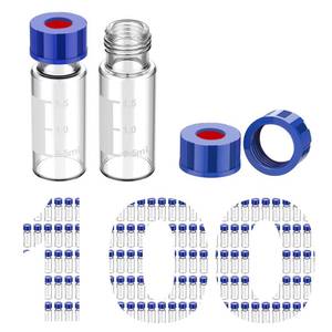 lot 10091 image: Membrane Solutions Autosampler Vials, 2ml HPLC Vials, 9-425 Lab Clear Vials with Write-on Spot and Graduations, 9mm Blue ABS Screw Caps and Septa for GC Sample Vials, 96-100 Pcs