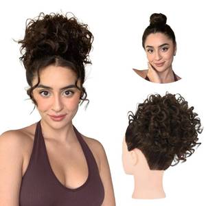 lot 10103 image: HOOJIH Curly Messy Hair Bun Hair Piece Elastic Drawstring Loose Wave Large Curly Bun Short Synthetic Ponytail Extension for Women Wedding Daily Use - Dark Chocolate Brown