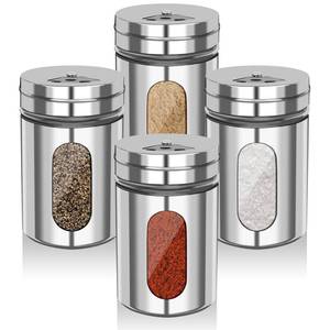lot 10105 image: 4 PCS Stainless Steel Salt and Pepper Shakers with Adjustable Pour Holes � Elegant Glass and Metal Spice Shakers for Coarse, Kosher, Sugar, Cinnamon, and Spices