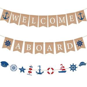 lot 10123 image: VitalCozy 3 Pcs Jute Burlap Welcome Aboard Banner Rustic Vintage Nautical Sailboat Lighthouse Hanging Bunting Nautical Garland for Baby Shower Birthday Party Nursery Garland Decorations