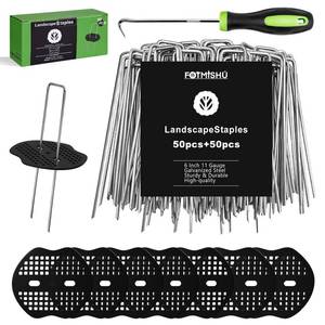 lot 10185 image: FOTMISHU Landscape Staples 6 Inch 20Pcs Garden Stakes 20pcs Gasket, Galvanized Lawn Pins Spray Coating Yard Ground Spikes, U-Type Staples for Weed Barrier Anchoring Outdoor Tents Hoses