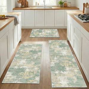 lot 11032 image: Nesphy Green Kitchen Rugs Sets of 3, Non Slip Washable Farmhouse Kitchen Mats for Floor, Modern Abstract Area Runner Rug for Laundry Room and Hallway