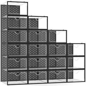 lot 11046 image: Pinkpum 18 Pack X-Large Shoe Storage Boxes Fit Size 12, Shoe Organizer for Closet Clear Plastic Stackable Shoe Dispaly Case Holder Bins, Sneaker Storage for Sneakerheads Black