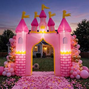 lot 11052 image: VIHOSE 10 ft Princess Party Inflatables Decorations Princess Castle Birthday Arch Castle Blow up Archway with Pink Built in Lights LED Fairy Tale Entrance Birthday Photo Background Event Yard