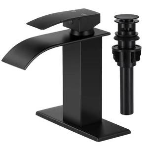 lot 11062 image: LUFG Bathroom Faucets Matte Black Waterfall Bathroom Sink Faucet Modern Single Handle Bathroom Faucet for 1 or 3 Hole Mxier Tap Washbasin Faucet with Deck, Pop-up Drain and Supply Hoses