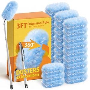 lot 11965 image: 30 Count Heavy Duty Duster Refills with 3 ft Extendable Handle Starter Kit, Compatible with Swiffer Disposable Microfiber Feather Dusters for Cleaning Home(Used)