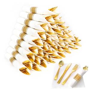 lot 11969 image: Dlebay 50 Pack Pre Rolled Gold Plastic Silverware Set,Wrapped Plastic Cutlery Set with Napkin Include 50 Forks,50 Spoons,50 Knives and 50 White Napkins for Party,Wedding,Christmas