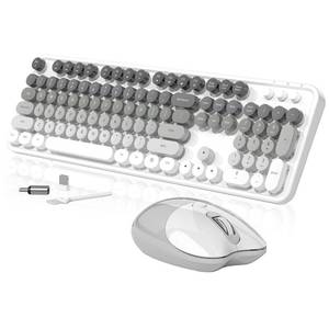 lot 11974 image: Creamy Wireless Keyboard and Mouse, MOFII 104 Round Keycaps Retro Typewriter with OTG and Brush, Full-Size Ergonomic, Ideal for Windows PC, Home, Office and College Gray White (Missing Mouse)