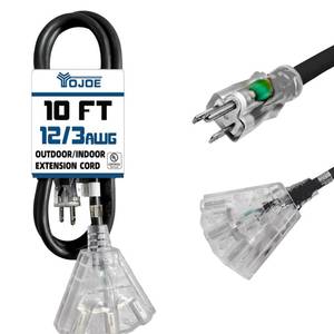 lot 12371 image: YOJOE 3-Outlets Indoor Outdoor Extension Cord with Lighted End, 3 Prong 15A Weatherproof Power Cord, 12 Gauge Heavy Duty 10 ft Black Extension Cord Multiple Outlets, 123 SJTW UL Listed