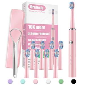 lot 12376 image: ORALEXIS Electric Toothbrush for Adults and Kids, with Tongue Scraper and 8 Brush Heads, One Fast Charge Last 120 Days, 40000 VPM Deep Clean, Sonic Travel Toothbrush - Pink