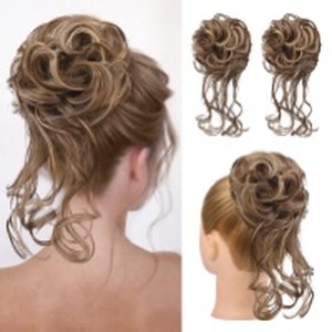 lot 12442 image: HOOJIH 2 Pack Messy Bun Hair Piece, Wavy Curly Hair Wrap Ponytail Hairpieces, Light Brown and Blonde Mixed