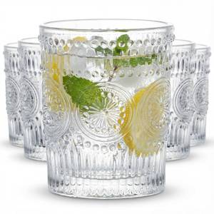 lot 13722 image: Kingrol 6 Pack SMALL 9 oz Drinking Glasses, Vintage Embossed Tumblers for Juice, Cocktails, Iced Tea