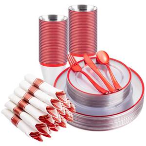 lot 13724 image: BESTSTAR 175PCS Clear and Red Disposable Plates Set for 25 Guests, 50 Plastic Plates, 25 Cups, 25 Pre-Rolled Napkins with Plastic Cutlery for Party, Birthday, Thanksgiving, Halloween, Christmas