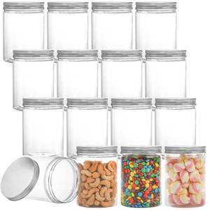lot 13731 image: Tebery 16 Pack Clear Plastic Jars Bottles Containers with Silver Ribbed Lids 20oz Straight Cylinders Storage Canisters for Food and Home Storage