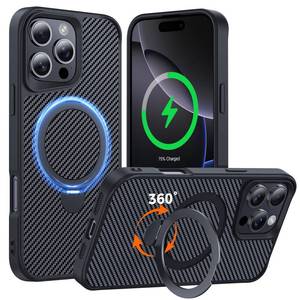 lot 14303 image: Enlafavo Designed for iPhone 16 Pro Max Case with 360° Magnetic Stand, Carbon Fiber Phone Case Compatible with Magsafe 15FT Military Protection with Stand Ring 6.9ftft, Black