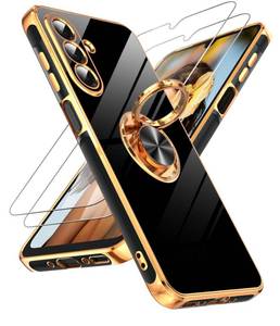 lot 14304 image: LeYi for Galaxy A26-5G Phone Case with 2 Pack Tempered Glass Screen Protector and 360° Rotatable Ring Holder Magnetic Kickstand, Plating Rose Gold Edge for A 26 5G Case, Black