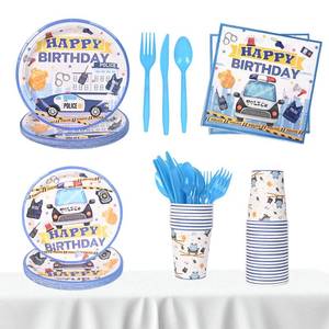 lot 14305 image: Nicime Police Birthday Supplies, Blue Cute Happy Birthday Tableware for Kid, Party Decoration Supplies with Plate, Paper Cup, Napkin, Fork, Knife, Spoon