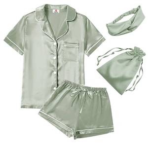 lot 14308 image: WJing Yi Jia 4Pcs Womens Satin Silky Pajama Sets Short Sleeve Shirt Small Floral Pajamas Set Soft PJ Loungewear Sleepwear