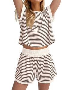 lot 14313 image: MISSACTIVER 2 Piece XL Lounge Set Women Stripe Knit Short Sleeve Tee Shirts Shorts Casual Summer Loungewear Shorts Sets