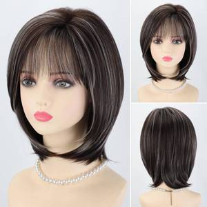lot 14332 image: RENERSHOW Layered Short Bob Wig with Bangs Brown with Silver Highlight Medium Length Wigs for Women Heat Synthetic Wig (Average Size,12inch)