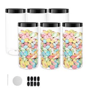 lot 19410 image: BPFY 6 Pack 50 oz Clear Plastic Jars with Black Lids, Chalk Labels, Pen, Plastic Food Storage Jars, Wide Mouth Kitchen Canisters for Dry Goods, Nuts, Cookie