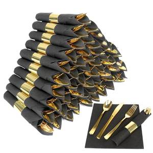 lot 19411 image: Dlebay 50 Pack Pre Rolled Gold Plastic Silverware Set,Wrapped Plastic Cutlery Set with Napkin Include 50 Forks,50 Spoons,50 Knives and 50 Black Napkins for Party, Wedding,Christmas