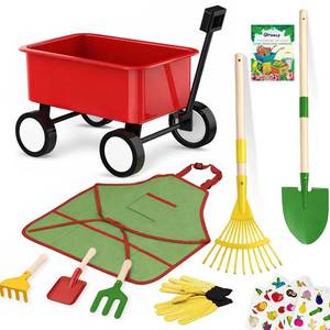 lot 19416 image: Qtioucp Kids Gardening Wheelbarrow Set, Metal and Wooden Garden Tools for Kids Ages 3-8, Real Wheelbarrows with Apron, Gloves and STEM Guide, Outdoor Backyard Garden Toy Gift