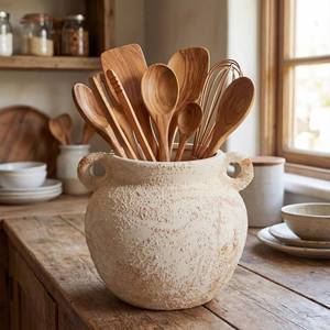 lot 19420 image: Qinyoung Rustic Kitchen Utensil Holder 6 Inch Small Ceramic Utensil Holder with Handle Vintage Crock Decoration Spatula Organizer for Kitchen Countertop Farmhouse Party Supplies (White,Elegant)