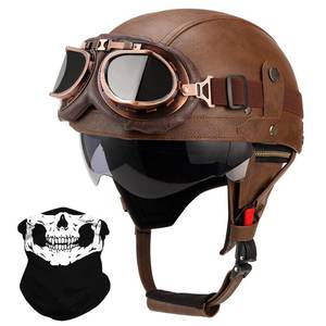 lot 19426 image: German Style Leather Motorcycle Half Helmet for Adults Men Women, DOT Approved Vintage Cap Half Face Shell Motorcycle Helmets for Cruiser ChopperGoggles(Brown,Medium)