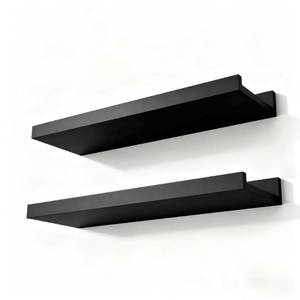 lot 19432 image: Solrot Black Floating Shelves for Wall Decor, Wall Mounted Wood Storage Shelf for Bedroom, Living Room, Bathroom, Kitchen, Nursery, Display Picture Ledge Shelf with Lip Set of 2-14 Inches, Black
