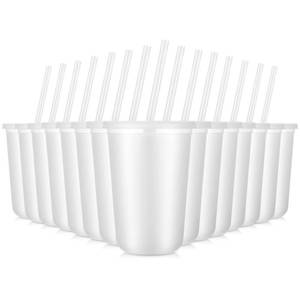 lot 19437 image: Lounsweer 30 Pcs Clear Reusable Cups with Straws and Lids, Plastic Frosted Round Bottom Ice Coffee Cups Travel Mug Tumbler for Beverage Water Party Birthday Disposable Drinkware (16oz,White) (Open Box, May Be Missing Pieces)