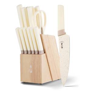 lot 19464 image: ZHANG XIAO QUAN Knife Set with White Block, High Carbon Stainless Steel Sharp Blades, Built-in Sharpener Kitchen Knife Block Set for Home Cooking