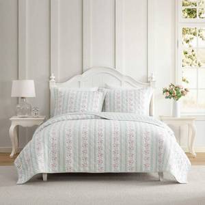 lot 19468 image: Laura Ashley - Queen Quilt Set, Soft and Reversible Cotton Percale Bedding, 3 Piece Floral Bed Set with Matching Pillowcases (Rosebud StripeWhitaker Vine Green)