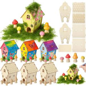 lot 19480 image: DoubleFill 6 Sets Wooden Fairy House Craft Kit for Kids - Classroom DIY Fairy Garden with Paints and Decorations - School Arts Crafts and Birthday Gift for Activity Party Decor (Classic Style)