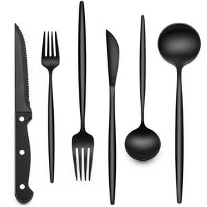 lot 20210 image: EWFEN 24-Piece Black Silverware Set with Steak Knives, Black Flatware Set for 4, Food-Grade Stainless Steel Tableware Cutlery Set, Mirror Finished Utensil Sets for Home Restaurant, Long Edge