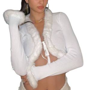 lot 20215 image: KnniMorning TEES Sexy Women Long Sleeve Tie-up Cardigan Deep V Solid Crop Tops Fur Trim Knitted Sweaters (White,M)