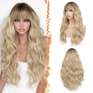 lot 20224 image: BARSDAR Long Wavy Natural Blonde Ombre Wig with Bangs - Long Wavy Blonde Ombre Wig with Dark Roots for Women - Thick Soft Synthetic Curly Wave Textured Face-Framing Bangs Natural Looking